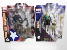 Two Marvel Select figures, Loki and the Winter Soldier, boxed.