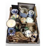 A group of ceramics, Cornish ware storage jar, banker's style lamp, carved wooden hands,