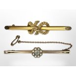 A 15ct gold rope twist bar brooch and a 9ct gold aquamarine and seed pearl brooch