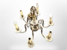 A brass six-branch chandelier,