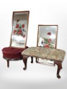A pair of early 20th-century reverse-painted teak-framed mirrors, and two footstools.
