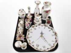 A group of Royal Albert Old Country Roses cabinet china including vases, flower posies, wall clock,