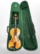 A violin with two-piece 14" back, with facsimile label 'Paul Mangenot, Mirecourt', in case.