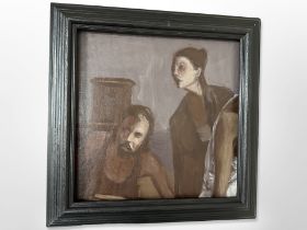 Contemporary school : Man and woman in an interior, oil on canvas laid to board, 32cm x 32cm.
