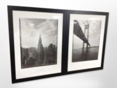 After Tom Baril, two monochrome photographic gallery prints depicting American skylines,