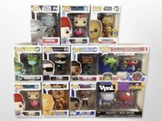 11 Funko figures including DC, Terminator, Star Wars, boxed.