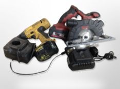 A Milwaukee circular saw and a DeWalt drill, with chargers.