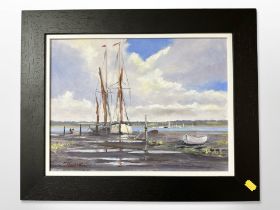 Contemporary school : Early morning boats, Rye Estuary, oil on canvas laid to board, 29cm x 39cm,