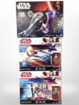Two Hasbro Star Wars figures, Resistance A-Wing Fighter, Canto Bight Police Speeder, and Slave-I,