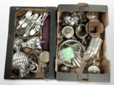 Two boxes of silver plate including tea wares, cutlery, cased carving set, etc.