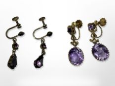 A pair of 9ct gold amethyst earrings and a further plated pair.