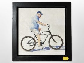 Contemporary school : A man on a bike, oil on canvas laid to board, 20cm x 20cm.