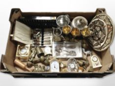 A collection of metal wares, miniature mantel timepieces, cased cutlery, abacus, etc.