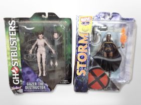A Marvel Select figure, Storm, and a Ghostbusters Select figure, Gozer the Destructor, boxed.