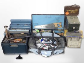 Several boxes of tools including woodworking planes, vintage joinery tools, oil can, etc.