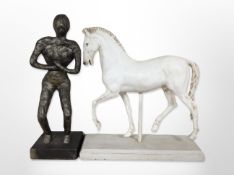 A large resin figure of a horse on plinth, height 56cm, and a further modernist figure.