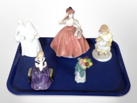 A Coalport Ladies of Fashion figure, 'Flora', together with four Royal Doulton figures.
