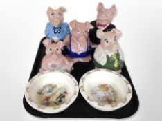 Five Wade Natwest pigs and two Royal Doulton Bunnykins bowls.