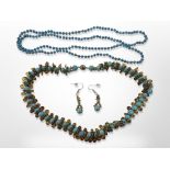 An amber and faux turquoise necklace and matching earrings plus a similar bead necklace