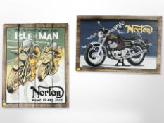 A hand-painted wooden Norton Manx Grand Prix panel plus one other, largest 60cm x 48cm.