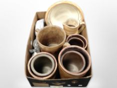 A group of earthenware pots, jug, mixing bowl, twin-handled oak wine cooler etc.