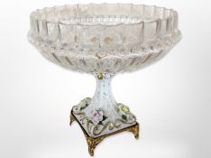 A continental crystal tazza on porcelain and gilt metal pedestal, height 21cm.