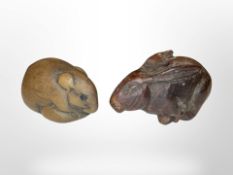 Two antique Japanese carved wooden netsukes a rabbit and a rat.