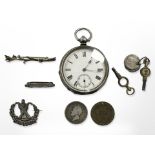 A continental silver open face pocket watch and keys,