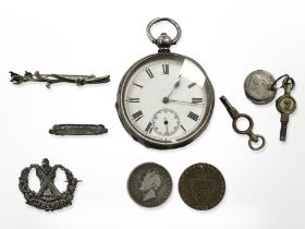 A continental silver open face pocket watch and keys,