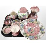 A collection of Maling pink lustre ceramics.