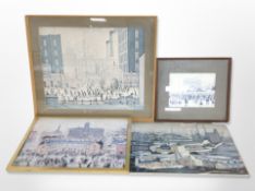 After L S Lowry : Four colour prints including 'Going to the Match', largest 53cm x 65cm.