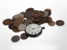 A silver open-faced pocket watch, and a small quantity of pre-decimal coins.