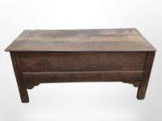 A 19th-century oak blanket chest, 148cm wide x 63cm deep x 71cm high.