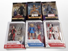 Six Hasbro and DC Collectibles figures including Supergirl, Marvel Legends Series, etc.