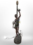 A spelter figural lamp base, height 59cm.