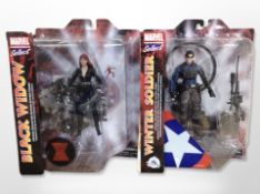 Two Marvel Select figures, Black Widow and the Winter Soldier, boxed.