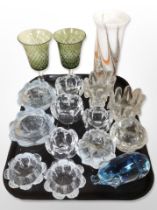 A group of Danish glass tea light holders, Snakke Klubben glass vase, pig paperweight,