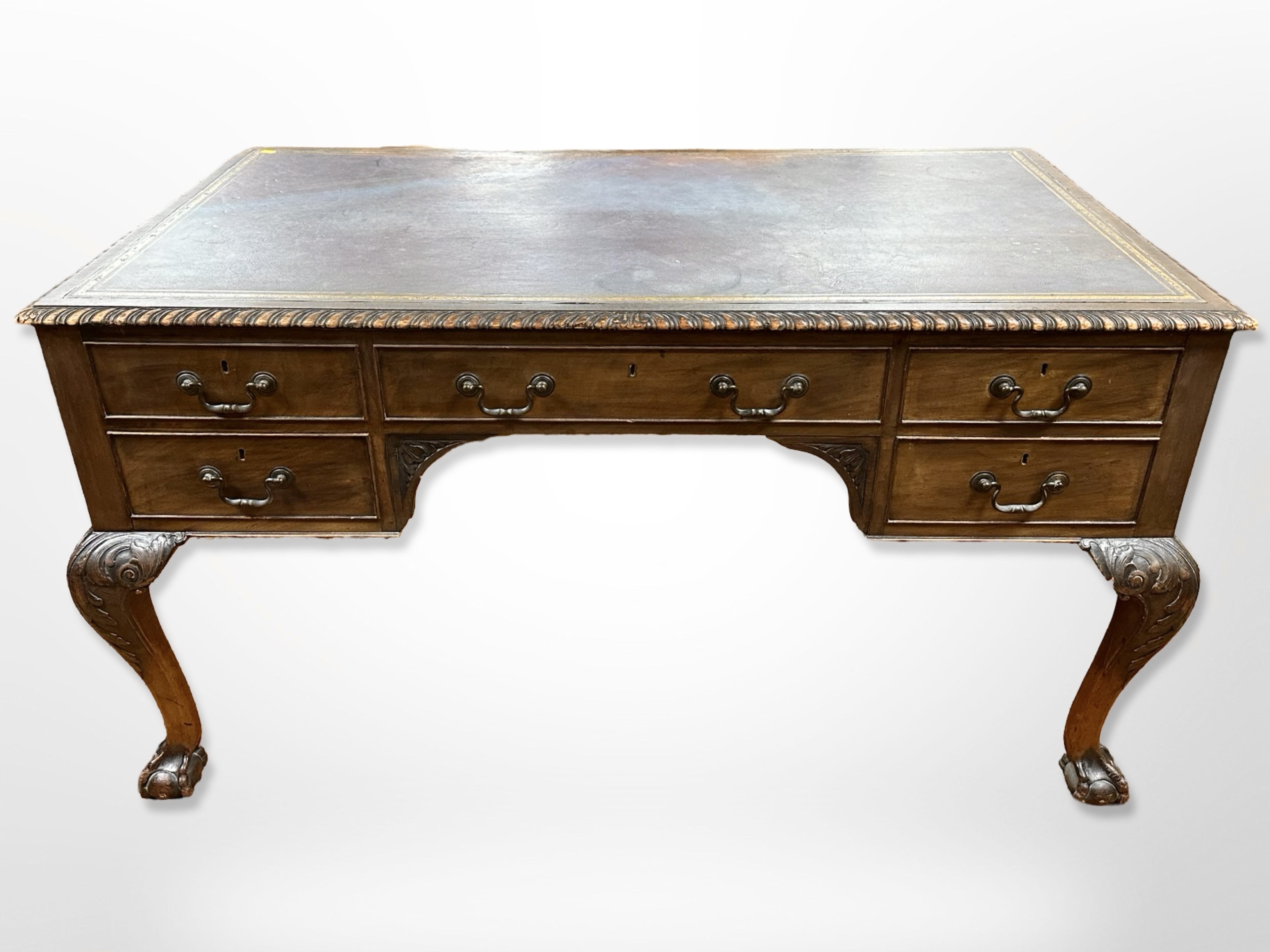 A late Victorian walnut writing desk, fitted five drawers to each side, - Image 2 of 2