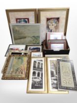 A group of mainly gilt-framed oil on canvas pictures and paintings, two large Egyptian-style prints,