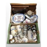 A group of German stoneware jugs, Imari porcelain, cutlery box, other ceramics, etc.