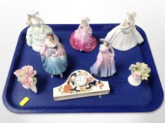 Five Coalport miniature porcelain ladies, two further flower posies,
