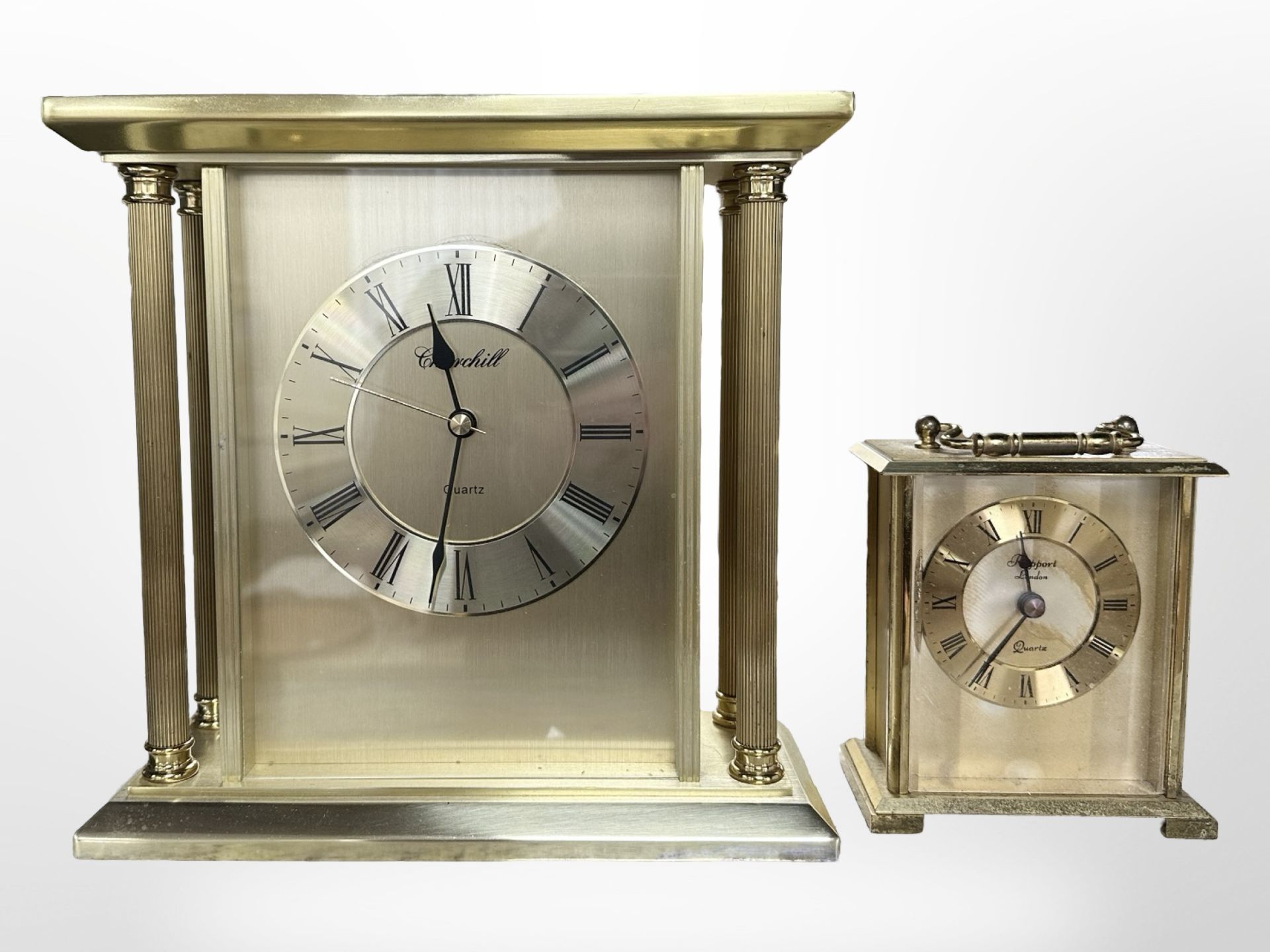 A Churchill gilt metal pillared mantle clock together with a further clock.