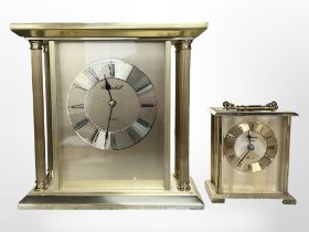 A Churchill gilt metal pillared mantle clock together with a further clock.