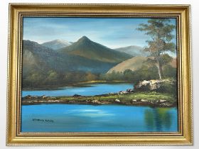 Edmund Asphas (20th century) : Calm lake with mountains beyond, oil on canvas,