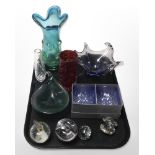 A group of art glass vases and paperweights, boxed pair of Stuart crystal rummers, etc.