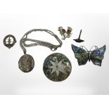 A group of silver jewellery to include pendant on chain, two abalone shell brooches,