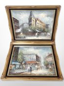 Contemporary continental school : Figures in a street with market stalls, a pair of oils on canvas,