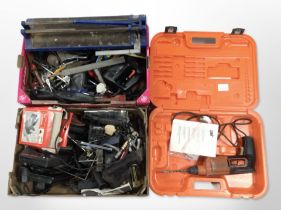 A quantity of hand and power tools, electric drill in carry case, etc.