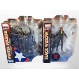 Two Marvel Select figurines, The Winter Soldier and Black Widow, boxed.