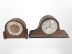 Two early-20th century oak mantel clocks, largest 43cm wide.